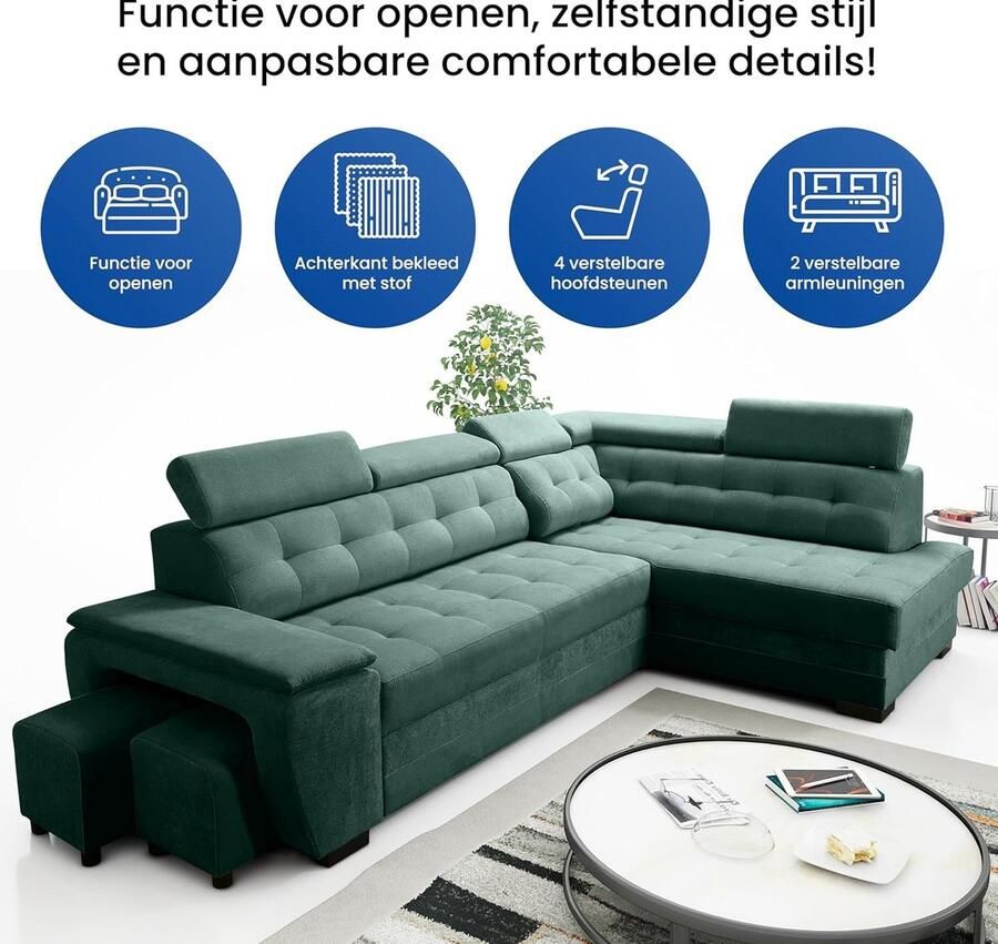 Industrialhome Hoekbank met Slaapfunctie Luxe Room Beige L-Vormige Slaapbank met Bedlade 2 Poefs & Verstelbare Hoofdborden – Comfortabele Moderne Sofa Bed met Opbergruimte – Stoffen Hoekbank Rechts Links Plaatsbaar