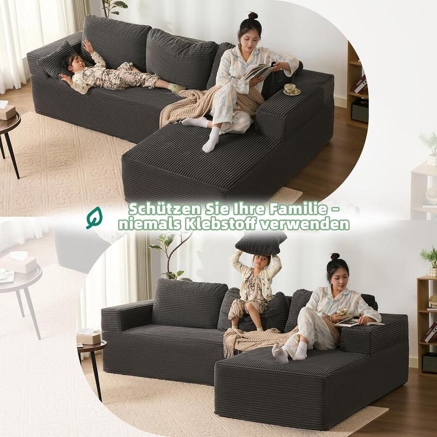 Industrialhome Hoekbank met slaapfunctie Milano L-vormig – Modulaire XXL Corduroy Slaapbank met Chaise Longue Rechts – Extra Diep Zitvlak Montagevrij Comfortbank voor Woonkamer – Grijs