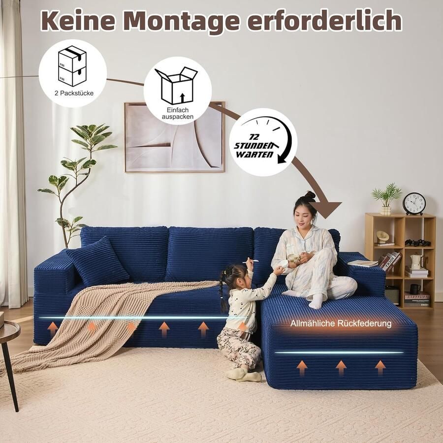 Industrialhome Hoekbank met slaapfunctie Milano – Modulaire L-vormige slaapbank met chaise longue rechts – Marineblauw corduroy – Extra diep zitvlak – Montagevrij – Luxe frameloos design – Comfortabel logeerbed voor woonkamer