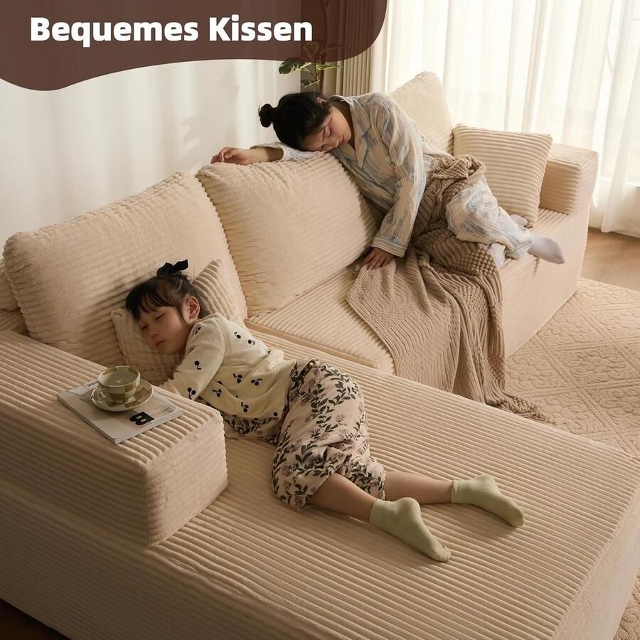 Industrialhome Hoekbank met slaapfunctie Modulaire L-vormige Slaapbank – Luxe Corduroy Bank met Chaise Longue Links – Extra Diep Zitvlak Montagevrij Comfortabele Slaapbank voor Woonkamer Beige