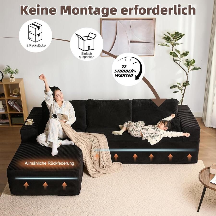 Industrialhome Hoekbank met Slaapfunctie Oslo L-vormig – Modulaire Slaapbank met Chaise Longue Links – Zwarte Corduroy Stoffen Bank – Extra Diep Zitvlak – Montagevrij – Luxe Designbank voor Woonkamer – Comfortabel en Stijlvol Logeerbed