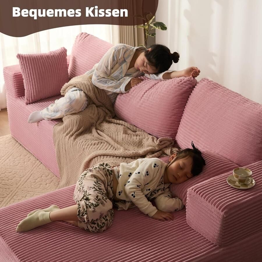 Industrialhome Hoekbank met slaapfunctie Verona – Modulaire L-vormige corduroy slaapbank met chaise longue rechts – Luxe roze bank montagevrij & extra diep zitvlak – Comfortabele designbank voor woonkamer