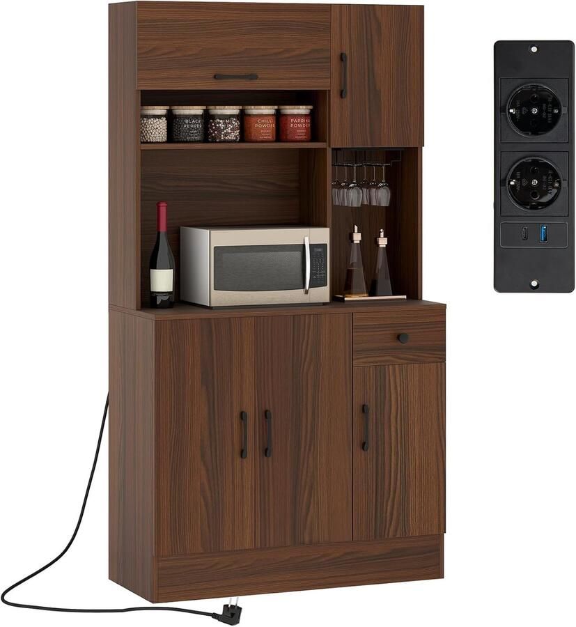 Industrialhome Houten Keukenkast met Stopcontacten USB & Type-C Poort – Modern Dressoir met Verstelbare Planken Lade & Wijnglashouder – Hoge Buffetkast voor Keuken of Woonkamer – Bruin – 90x39x167 cm
