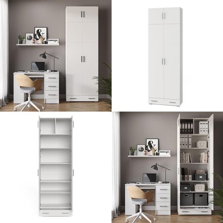 Industrialhome Industriële Archiefkast – Hoge Kantoorkast 240 cm – Opbergkast met Deuren en Lade – Dossierkast met Legplanken – Wit Hout Modern Design –