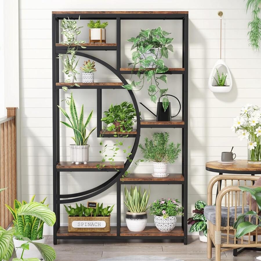 Industrialhome Industriële Boekenkast – 5 Etages – 9 Open Planken – Vrijstaand – Geometrisch Zwart Metalen Frame – 175 cm Hoog – Rustiek Bruin & Zwart – Organizer voor Woonkamer Slaapkamer of Kantoor