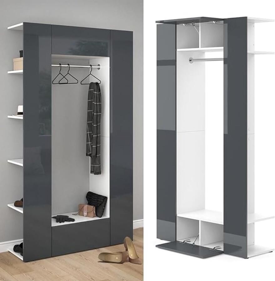 Industrialhome Industriële Garderobekast – Hoge Kledingkast 191 cm – Moderne Hal- en Opbergkast met Deuren en Kledingroede – Antraciet Hoogglans Wit –