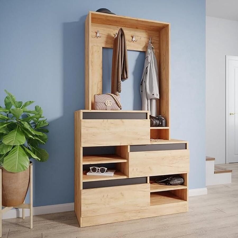 Industrialhome Industriële Garderobekast – Moderne Hangkast 100 x 180 cm – Kapstok met Schoenenrek en Opbergvakken – Eiken Goud Antraciet – Stijlvolle Hal Kast met Haken –