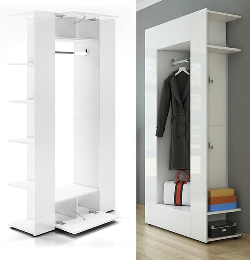 Industrialhome Industriële Kledingkast – Hoge Garderobekast met Deuren en Open Vakken – Moderne Opbergkast 191 cm – Woonkamer & Hal Kast met Kledingroede – Wit Hoogglans Zwart –