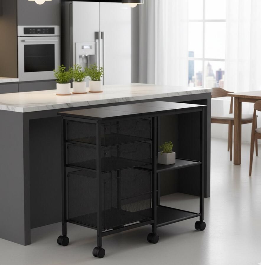 Industrialhome Industriële Ladeblok met 3 Laden en Open Opbergvak – Mobiele Archiefkast met Wielen – Onder Bureau Kast met Houten Blad – Houten Metalen Dossierkast voor Thuis & Kantoor – Zwart –