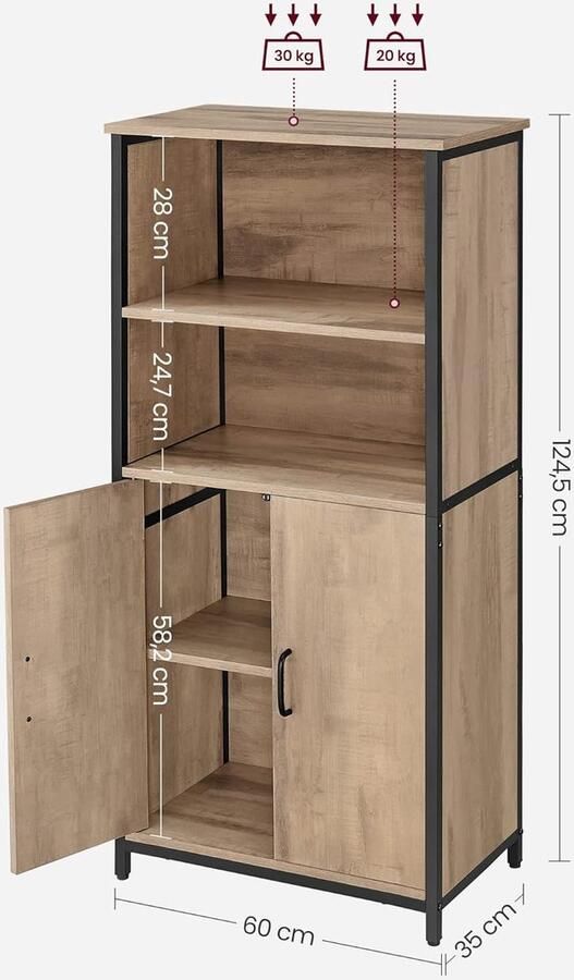 Industrialhome Industriële Opbergkast Boekenkast met Deuren – Houten Kast met Verstelbare Planken – Zwart Stalen Frame – 60x35x124 5 cm – Multifunctionele Kast voor Woonkamer Keuken Kantoor – Vintage Eiken Bruin Zwart