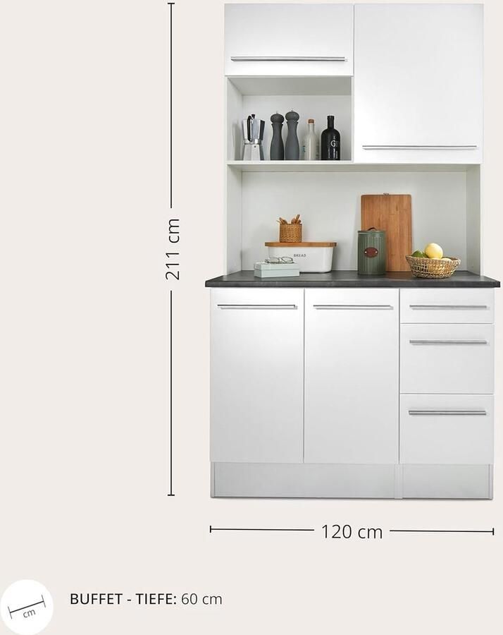 Industrialhome Jazz Pro Buffetkast – Moderne Hoogglans Keukenkast in Wit & Metallic Grijs – 150x211x60 cm – Ruime Opbergkast met Werkblad Laden Draaideuren en Open Vak – Verstelbare Planken Stijlvolle Handgrepen – Ideaal voor Keuken Eetkamer & Wo