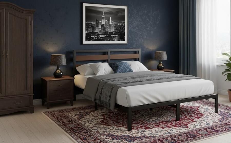 Industrialhome Kai Luxe Bedframe 140x200 cm – Hoogwaardig Duurzaam Bamboe & Metaal Bed met Hoofdeinde – Modern Zwart & Bruin Design – Stevige Lattenbodem Zonder Boxspring – Eenvoudige Montage – Extra Vrije Ruimte Onder Bed