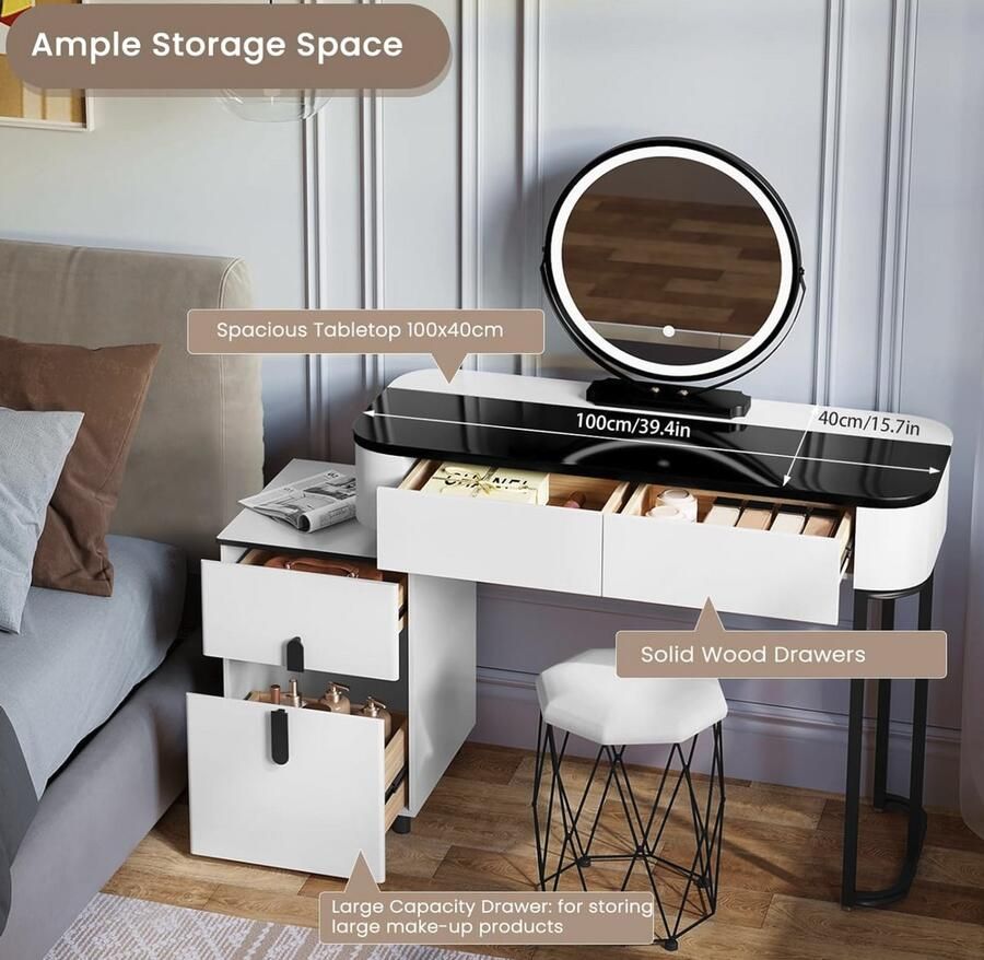 Industrialhome Kaptafel met LED Verlichting & Gehard Glazen Tafelblad – 100x40x125 cm – Zwart Wit – Met Spiegel 4 Lades & Mobiele Kast