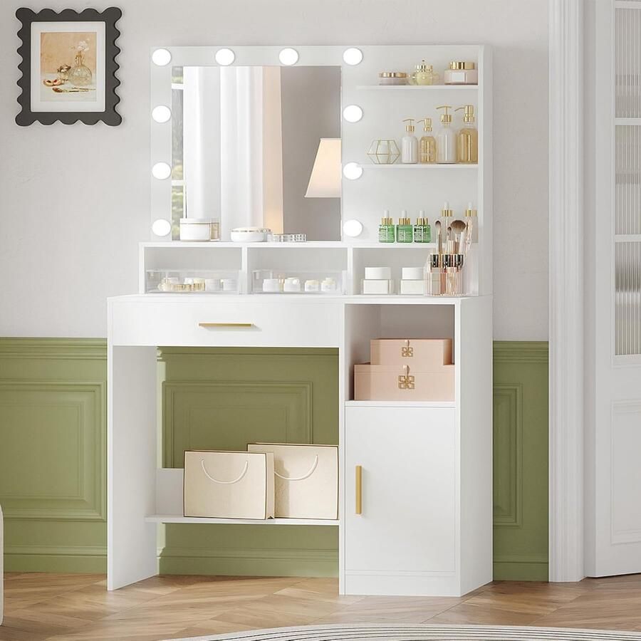 Industrialhome Kaptafel met Spiegel en 10 LED Lampen – Make-uptafel 80x40x140 cm met Verstelbare Lichtsterktes 3 Planken 4 Open Vakken Grote Lade & Kast – Moderne Witte Make-Up Bureau voor Slaapkamer