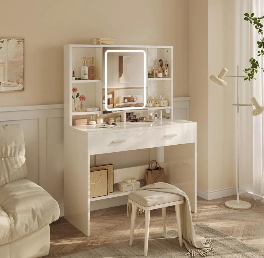 Industrialhome Kaptafel met Verlichte Spiegel – 90 x 40 cm 3 Lichtkleuren & Dimbare LED 2 Lades + Sieradenhaken Luxe Make-uptafel met Opbergruimte – Wit