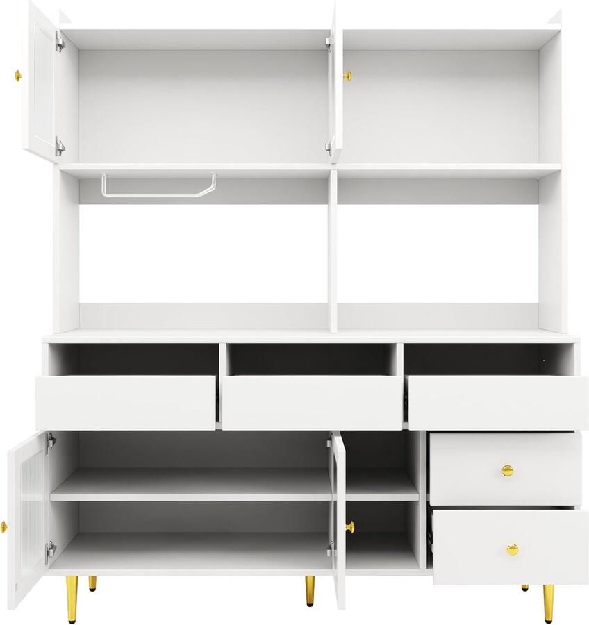Industrialhome Keukenkast Buffetkast Vitrine met Werkblad Verstelbare Planken en Wijnrek – Dressoir voor Keuken Woonkamer en Eetkamer – Modern Wit MDF 145 x 39 x 171 cm
