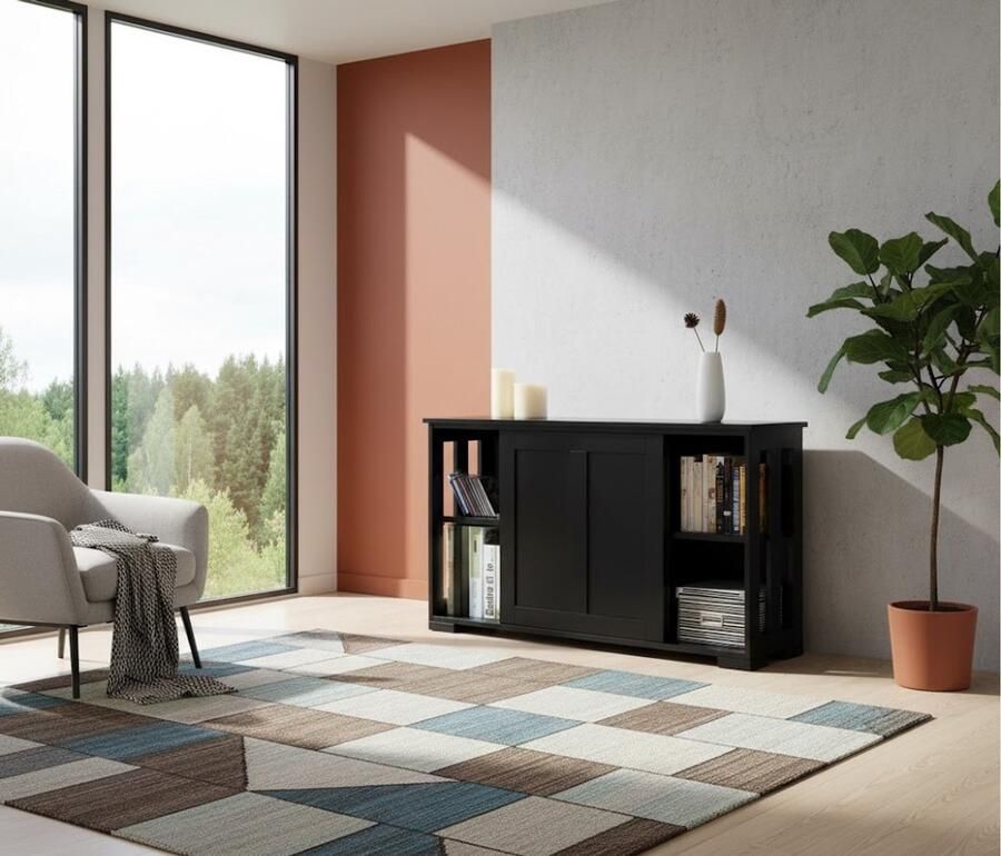 Industrialhome Keukenkast met Schuifdeuren – Houten Dressoir met Verstelbare Planken – Moderne Buffetkast Vrijstaande Opbergkast Consoletafel & Keukenmeubel – 106x33x63 cm – Zwart – Industriële Stijl