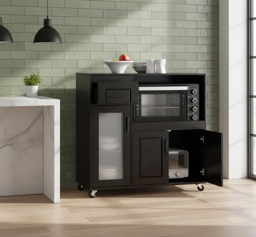 Industrialhome Keukentrolley met Wielen – Magnetronkast & Keuken Dressoir – Moderne Opbergkast met Glasdeur Lade & Verstelbare Planken – Keukenwagen Rolkast Sideboard – Zwart MDF – 88 5x89x40cm