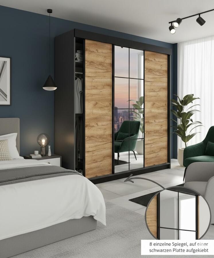 Industrialhome Schuifdeurkast LAMARO met spiegel Kledingkast Slaapkamer Slaapkamerkast Kledingkast Slaapkamer Kledingkasten 200x205x59 cm Wit & Grafiet - Foto 2