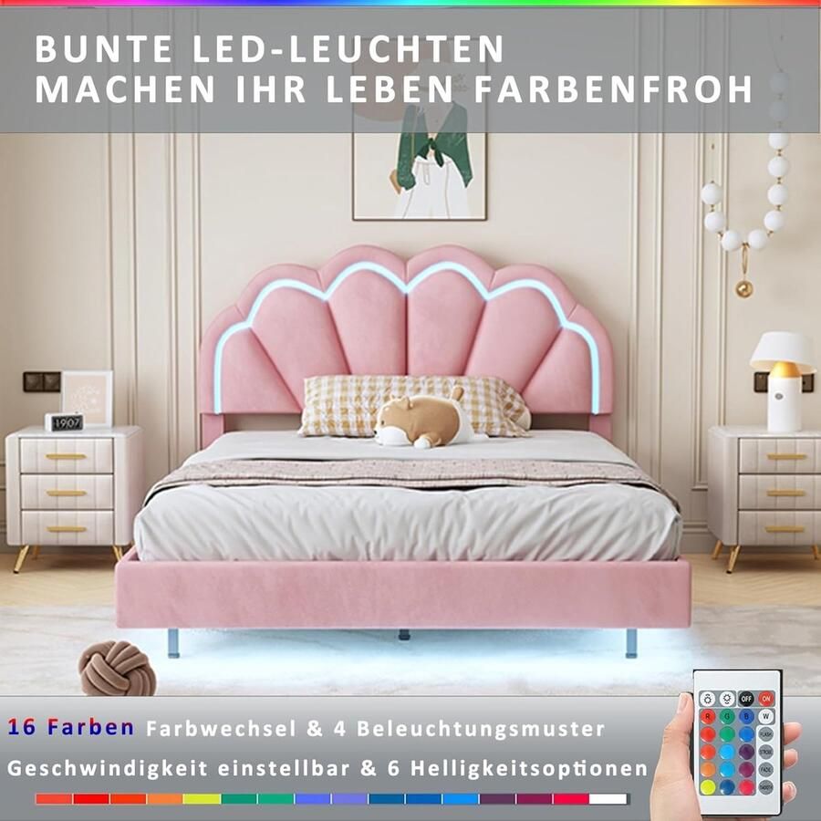Industrialhome Kinderbed 140x200 cm – Roze Gestoffeerd Meisjesbed met LED Verlichting Opbergruimte & Rugleuning – Fluwelen Tienerbed met Lattenbodem – Modern Design – Bedframe zonder Matras