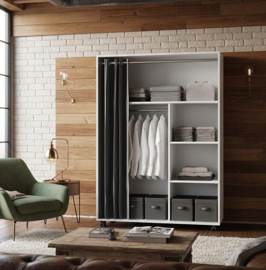 Industrialhome Kledingkast “Doros Compact White” – 100 x 146 6 x 50 cm – Moderne Witte Opbergkast op Wielen – Multifunctionele Garderobekast met Planken – Duurzame Kast van Spaanplaat met Melamine Coating – Kledingopslagkast voor Slaapkamer of Hal –