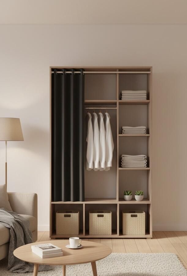 Industrialhome Kledingkast Luigi Deluxe – Houten Garderobekast met Gordijn & Kledingroede – Moderne Opbergkast met 9 Vakken – Sonoma Eiken – 105 8 x 38 x 178 1 cm – Ruime Kast met Wielen voor Slaapkamer of Hal