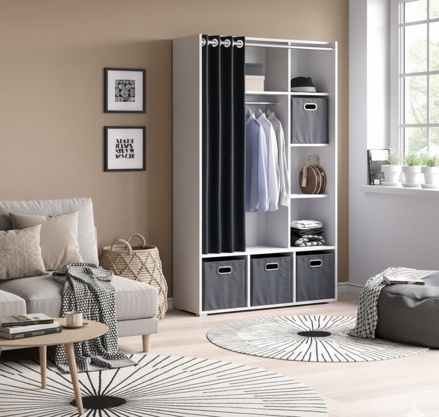 Industrialhome Kledingkast “Luigi Premium White” – 105 8 x 178 1 x 38 cm – Moderne Witte Opbergkast met Gordijn & Kledingstang – Ruime Garderobekast met 9 Open Vakken – Onderhoudsvriendelijke Kast van Spaanplaat met Melamine Coating – Slaapkamerkast