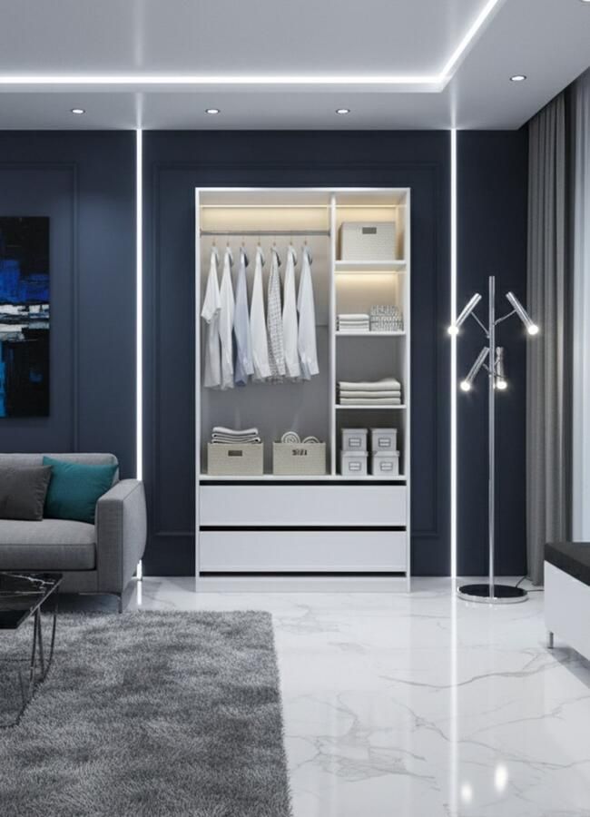 Industrialhome Kledingkast met Laden Elmo Wit – Moderne Garderobekast 100x200 cm met Kledingstang Planken & 2 Laden – Ruime Opbergkast voor Slaapkamer of Kinderkamer – Houten Kast met Verstelbare Planken