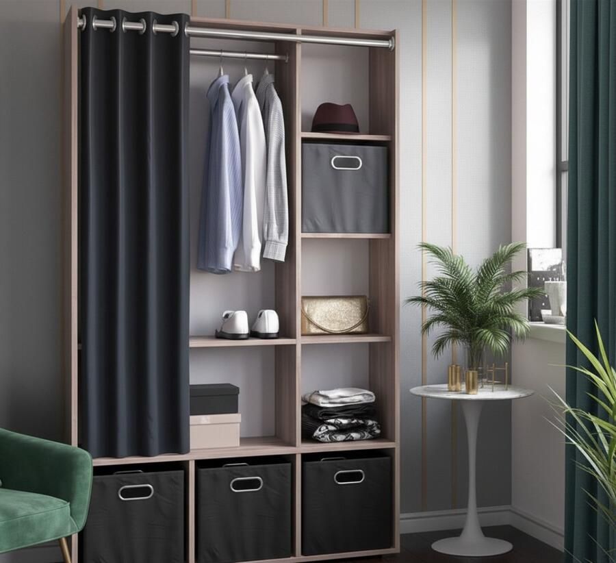 Industrialhome Kledingkast met Vouwboxen “Luigi Deluxe” – Sonoma Eiken – 105 8 x 178 1 x 38 cm – Moderne Opbergkast met Gordijn – Kledingopslagkast met 4 Opbergboxen – Slaapkamerkast – Spaanplaat met Melamine Coating – Onderhoudsvriendelijk & Duurzaa