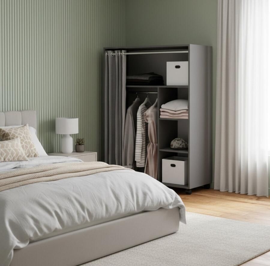 Industrialhome Kledingkast op wielen “Doros Deluxe Grey” – Moderne Grijze Opbergkast met Legplanken – 100x50x146 6 cm – Verrijdbare Garderobekast met Deuren – Spaanplaat met Melamine Coating – Voor Slaapkamer Hal & Woonkamer