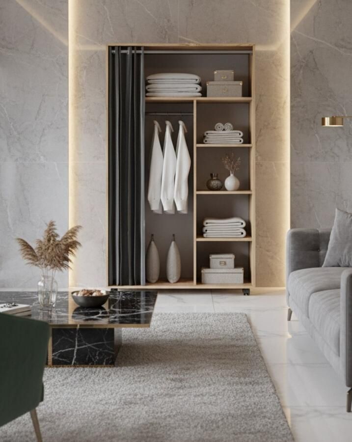 Industrialhome Kledingkast op wielen “Doros Sonoma Luxe” – Moderne Garderobekast met Kledingstang Gordijn & Legplanken – 100x50x168 cm – Verrijdbare Opbergkast – Houten Kast voor Hal & Slaapkamer