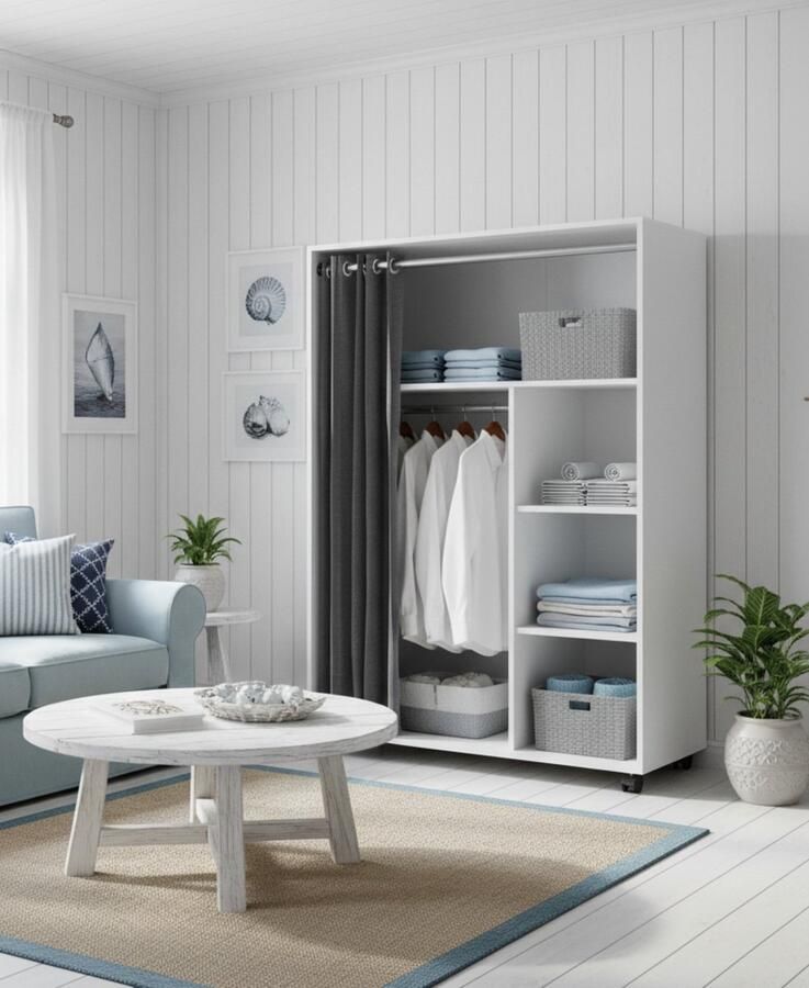 Industrialhome Kledingkast op wielen “Doros White Deluxe” – Moderne Houten Garderobekast met Legplanken – 100x50x146 6 cm – Verrijdbare Kast voor Slaapkamer Hal & Woonkamer – Spaanplaat Wit