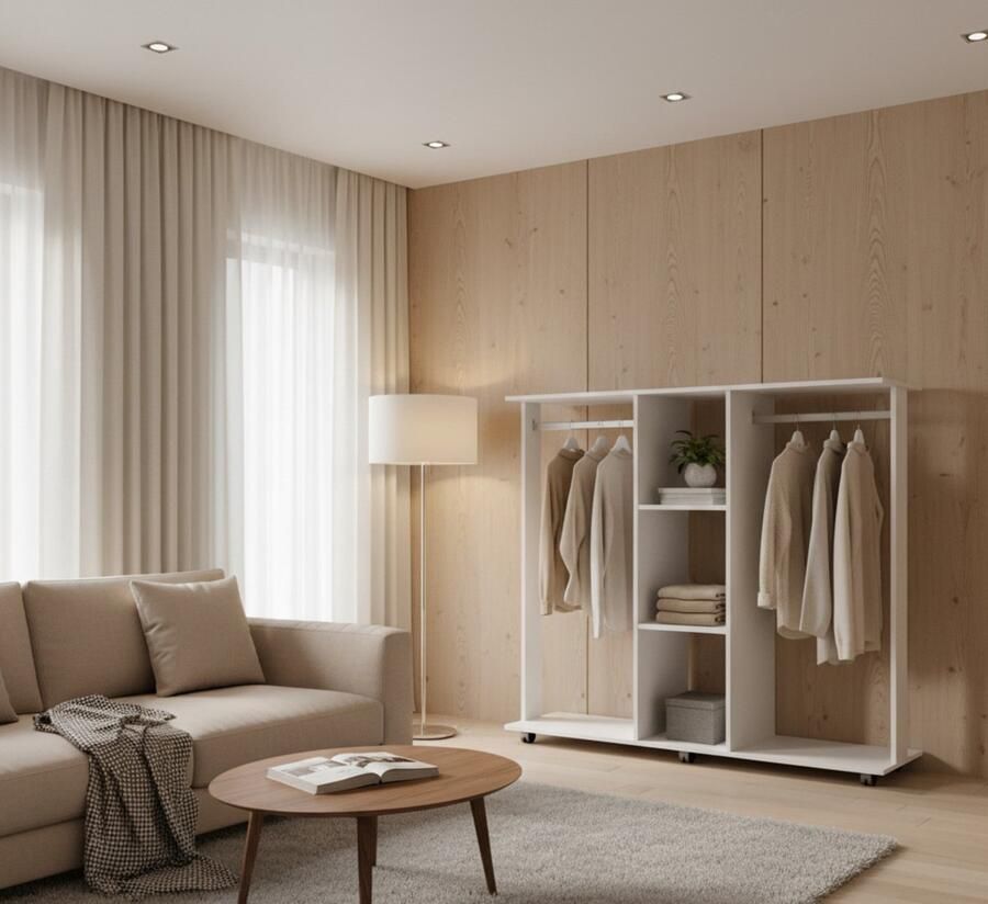 Industrialhome Kledingkast Robbie Luxe – Moderne Garderobekast met Vleugeldeuren – Wit – 130x120x40 cm – Spaanplaat – Met Verstelbare Planken – Ruime Opbergkast voor Kleding Slaapkamer & Kinderkamer