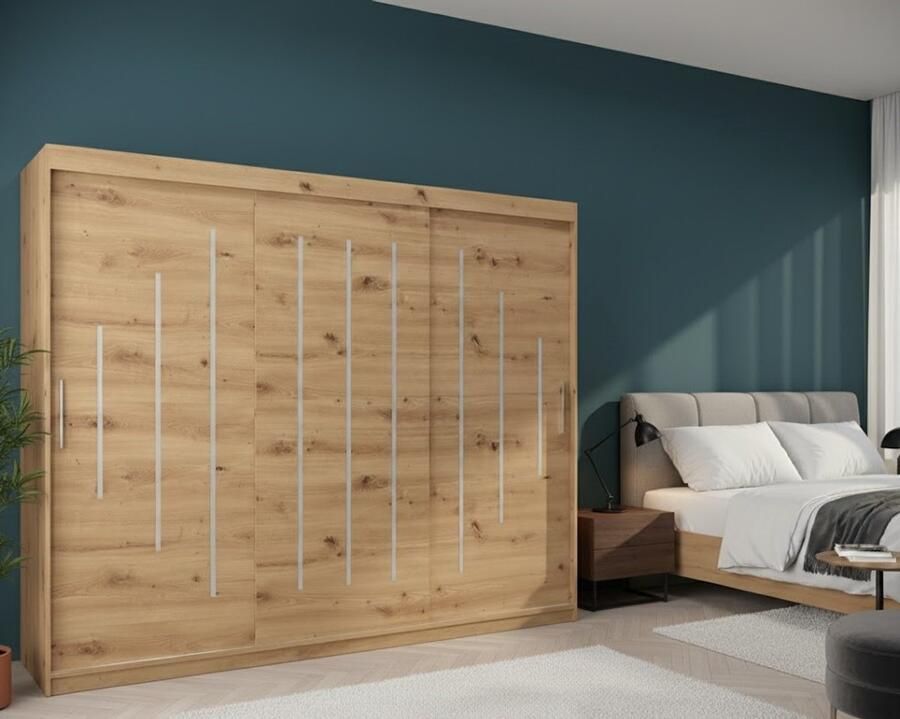 Industrialhome Kryspol York Sliding Door Cabinet 250 cm Wardrobe with Clothes Rail and Shelf Bedroom Living Room Wardrobe Sliding Doors Modern Design (Artisan Oak)