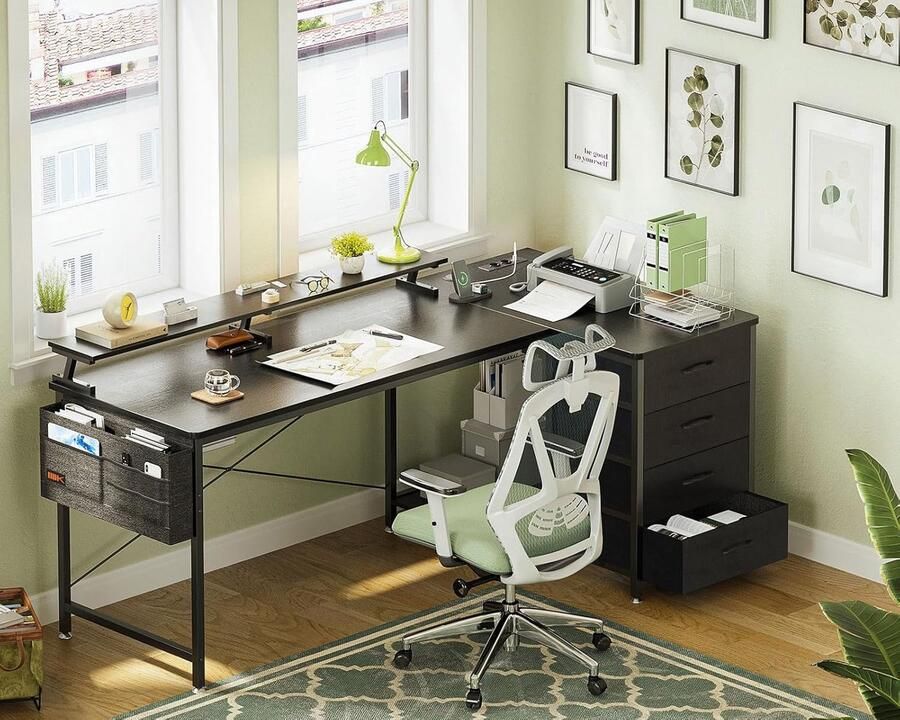 Industrialhome L-Vormig Hoekbureau met 2 USB-Poorten & 2 Stopcontacten Omkeerbaar Design met 4 Laden Monitorstandaard en Kabelbeheer Zwart – 160 x 80 x 84 7 cm