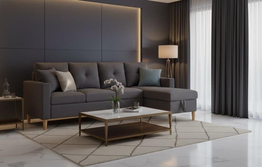 Industrialhome L-vormige 3-zitsbank met chaise longue 175x129x90 cm – Donkergrijze hoekbank met opbergruimte bekerhouder & 2 kussens – Luxe moderne designbank van katoen en linnen – Comfortabele modulaire zitbank voor woonkamer of kantoor –