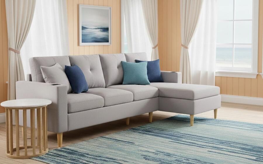 Industrialhome L-vormige 3-zitsbank met chaise longue 175x129x90 cm – Lichtgrijze hoekbank met opbergruimte bekerhouder & 2 kussens – Moderne comfortabele designbank van katoen-linnen met houten frame – Ideaal voor woonkamer kantoor & appartement –