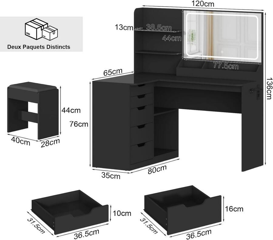 Industrialhome L-Vormige Make-up Hoektafel met LED Spiegel 5 Lades USB & Stopcontact Föhnhouder + Comfortabele Kruk – Kaptafel met Verstelbare Verlichting – Zwart – 120 x 80 x 136 cm – Voor Slaapkamer & Beautyruimte