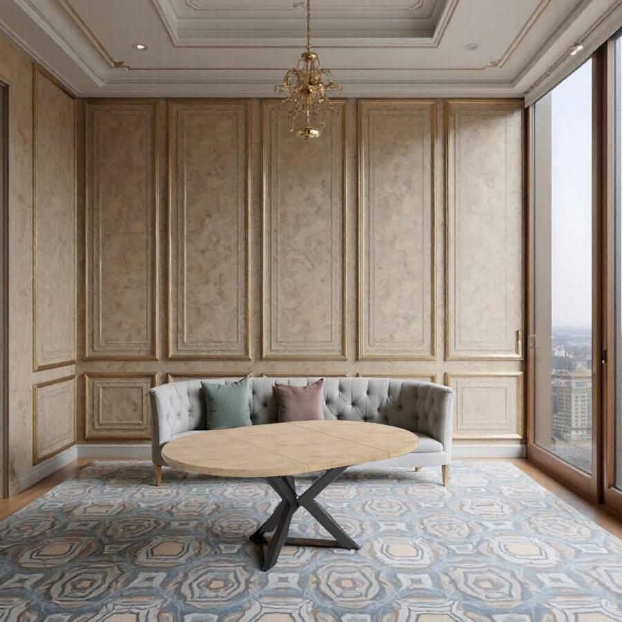 Industrialhome Lancelot Ronde Uitschuifbare Eettafel – Goud Eiken – Ø100-138 cm – 4 Personen – Hout met Metaal – Industrieel Design