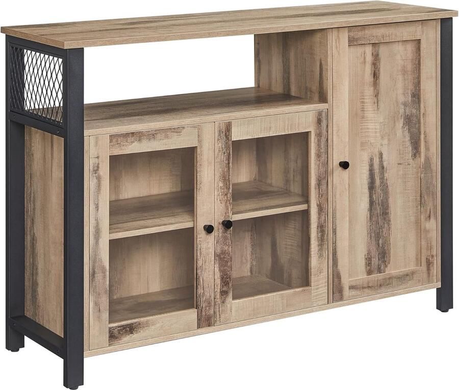 Industrialhome Landelijke Dressoir Kast – Opbergkast met 3 Deuren – Keukenkast Buffetkast & Sideboard – 110x33x75 cm – Eikenbruin Zwart – Industrieel Design – Stalen Frame – voor Woonkamer Eetkamer Keuken