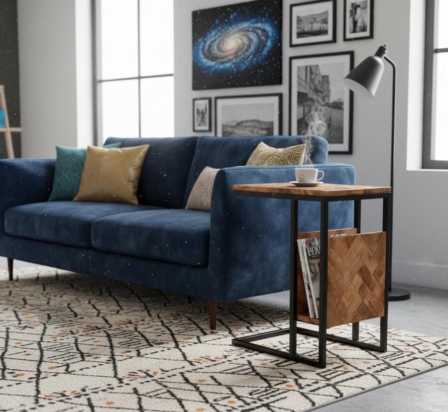 Industrialhome Laptoptafel Industrieel Visgraat Hout ShiftPro 35x50x62 cm Bijzettafel van Mangohout & Zwart Metaal Rechthoekig Design Handgemaakt