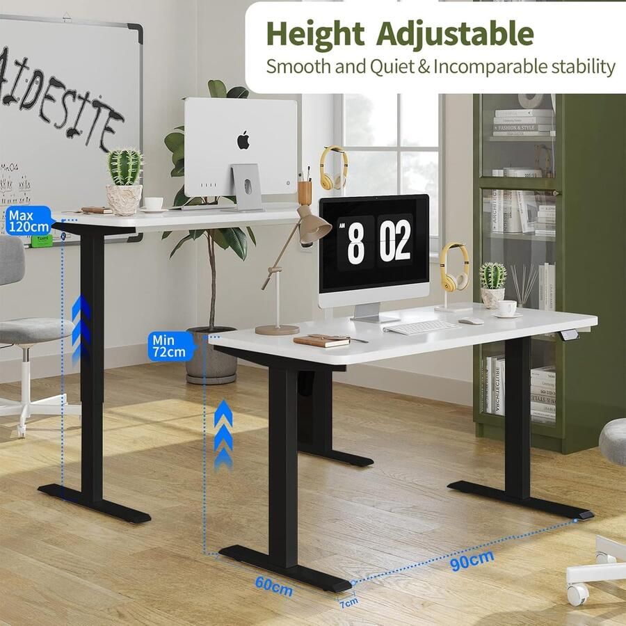 Industrialhome LiftDesk Pure – Elektrisch Zit-Sta Bureau – 120x60 cm – Zwart Frame + Wit Tafelblad – In Hoogte Verstelbaar (72-120 cm) – USB