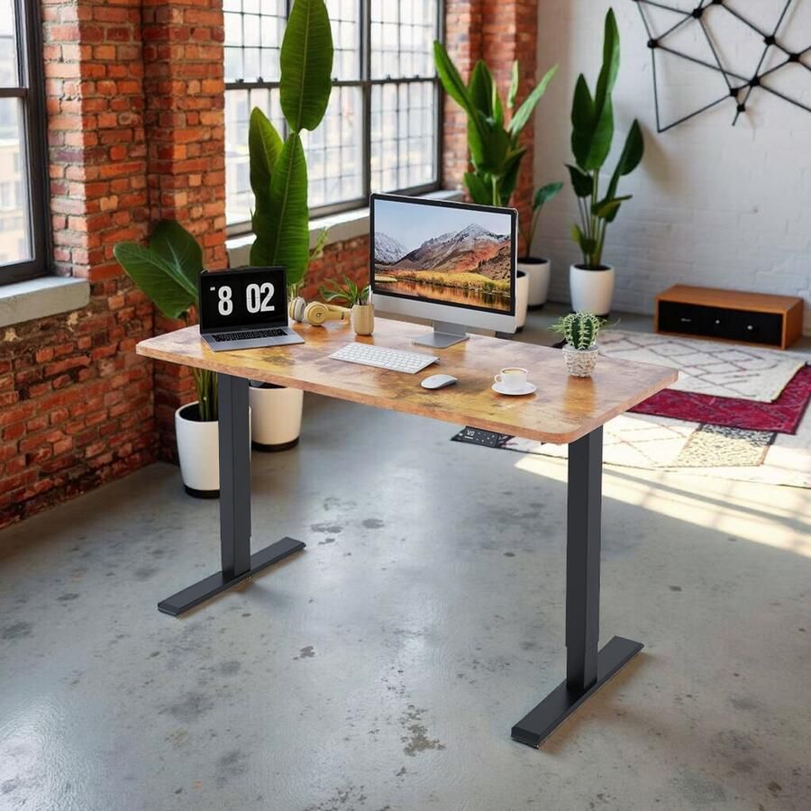 Industrialhome LiftDesk Vintage – Elektrisch Zit-Sta Bureau – 120x60 cm – Zwart Frame + Vintage Bruin Tafelblad – In Hoogte Verstelbaar (72-120 cm) – USB