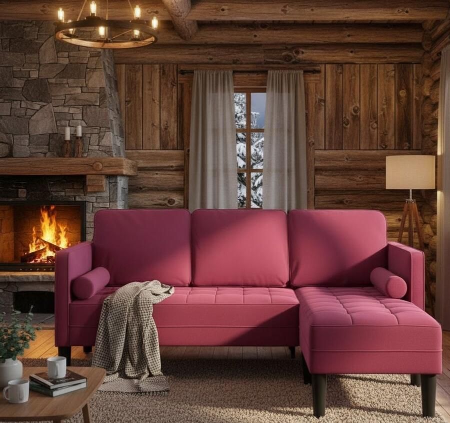 Industrialhome Lounge Hoekbank Bordeaux Rood Fluweel – Luxe 4-Zitsbank voor Binnen & Buiten – Comfortabele Weerbestendige Tuinbank met Dikke Kussens – Modern Design 173x131x67 cm