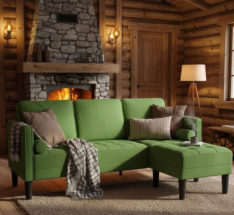 Industrialhome Lounge Hoekbank Velvet 3-Zits met L-vormige Chaise Longue – Luxe Waterafstotende Bank in Zacht Groen – Comfortabele Designbank voor Woonkamer & Tuin – Moderne Fluwelen Hoeksofa met Kussens