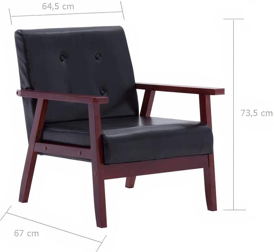 Industrialhome Loungebank Set – Zwarte Kunstleren 3-Zitsbank + Fauteuil – Scandinavisch Ontwerp – Massief Hout – Comfortabele Zitting – Voor Woonkamer of Loungehoek leer