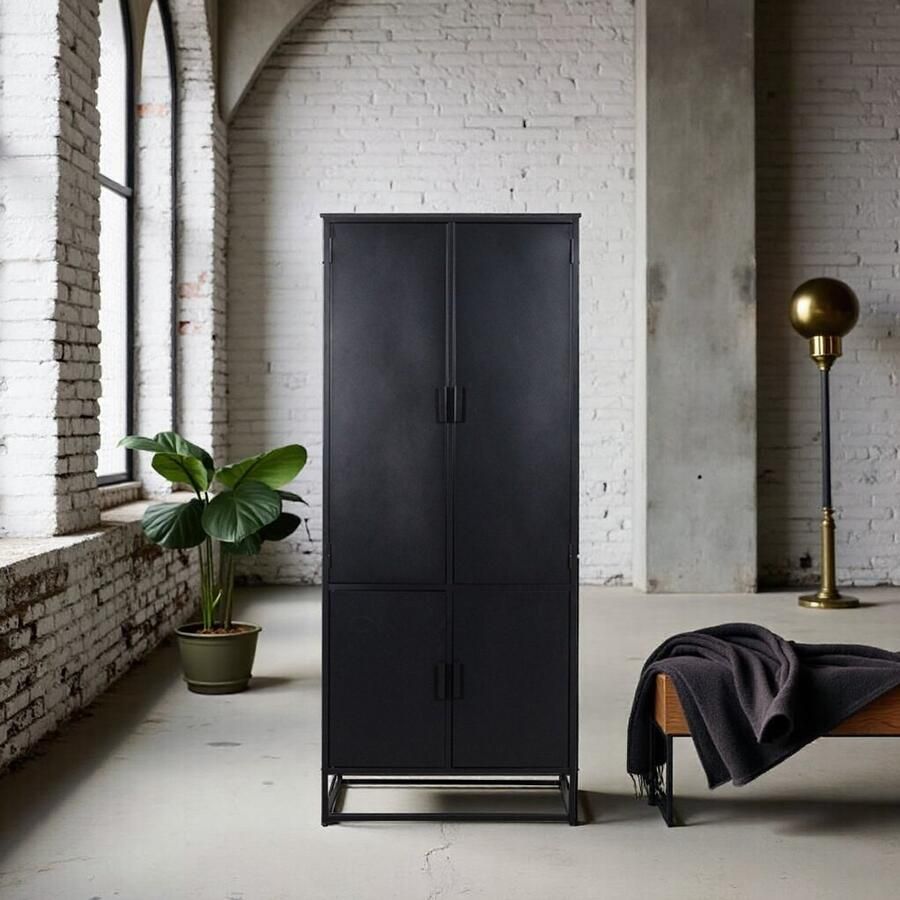 Industrialhome Luff Industriële Hoge Kast – Zwart Metaal – 80x40x190 cm – Strakke Design Opbergkast met 4 Deuren en 4 Planken – Perfect voor Woonkamer Keuken & Kantoor