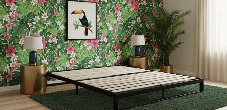 Industrialhome Luna Stijlvol Zwart Metalen Bedframe 140x200 cm Stevig Platformbed met Geluidsarme Houten Lattenbodem Laag Profiel 18 cm Duurzaam & Eenvoudig te Monteren Modern Minimalistisch Design Geschikt voor European Queen Matras