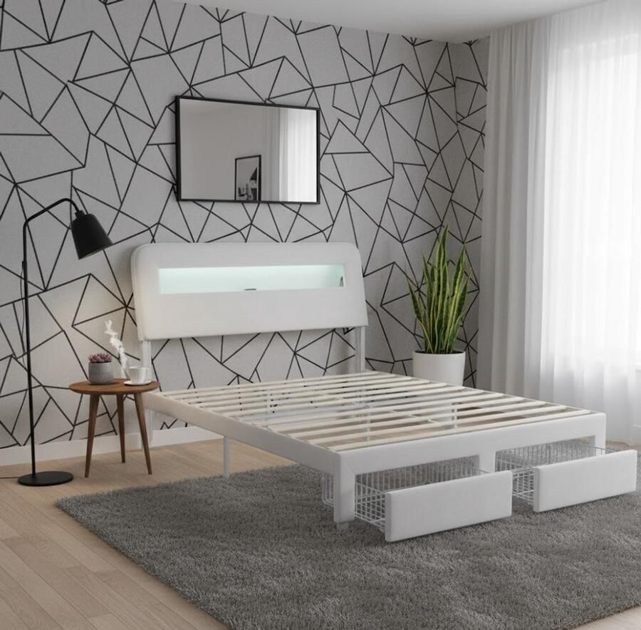 Industrialhome Luxe 2-Persoons Bed 140x200 – Modern Bedframe met LED Verlichting USB Oplader Fluwelen Hoofdbord & 2 Opberglades – Gebroken Wit – Stevig Metalen Frame – Comfortabel & Stijlvol Bed voor Slaapkamer