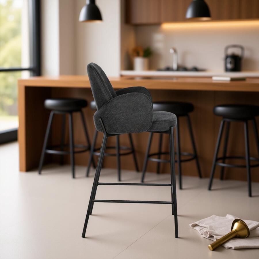 Industrialhome Luxe Barkruk met Armleuning Jari – 94 cm Hoog – Antraciet Weave Stof – Zwarte Metalen Poten – Comfortabele Design Barstoel Industrieel